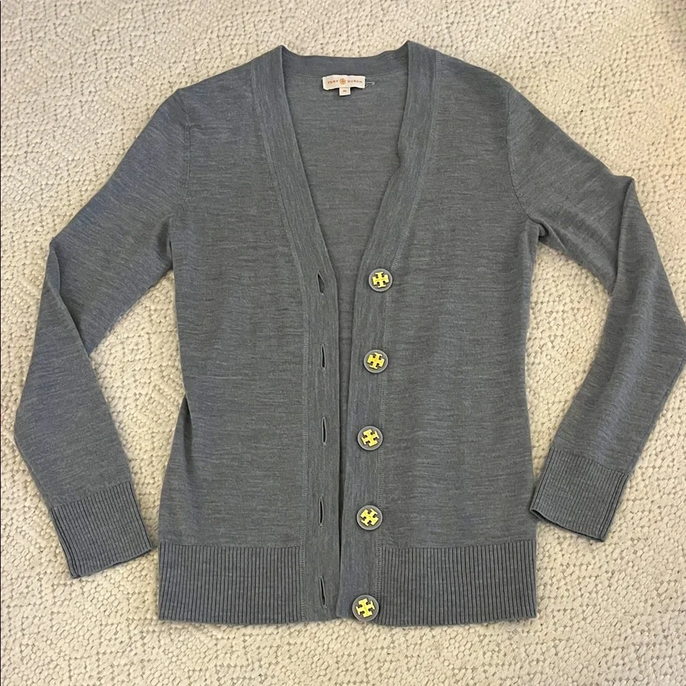 Tory Burch Gray V-Neck Cardigan with Logo Buttons